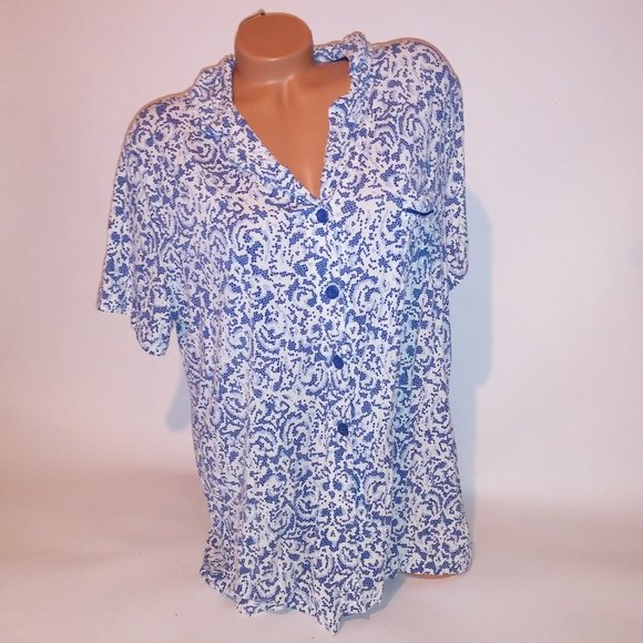 Soma Pajama Top Sleepwear XL Blue White Short Sleeve Geo Button Up Rayon Spandex - Picture 3 of 10
